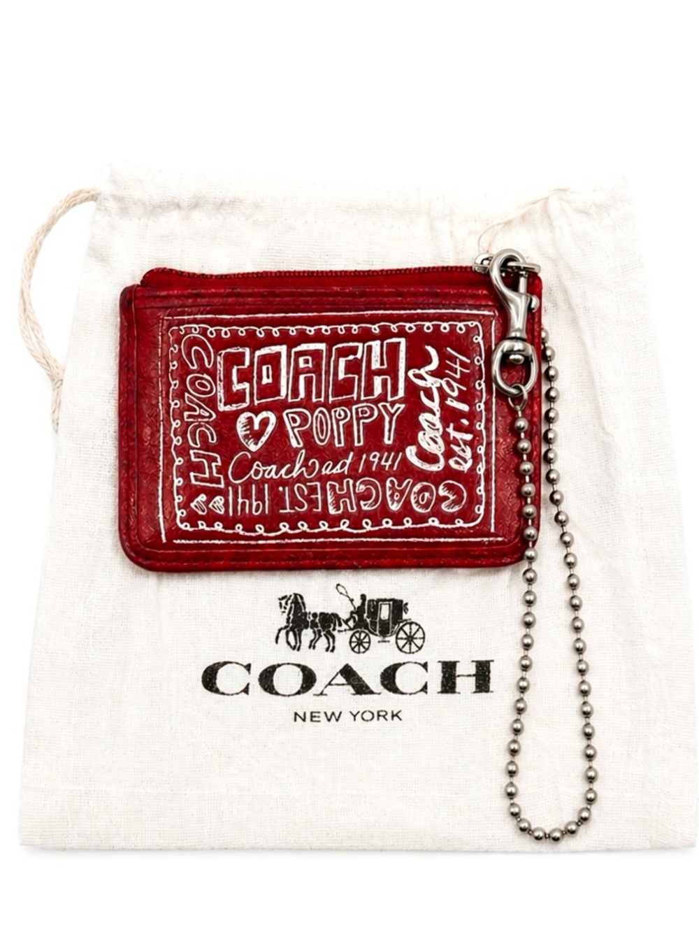 COACH Poppy Embossed Graffiti Red Zip Card Case Wristlet W/ Dustbag